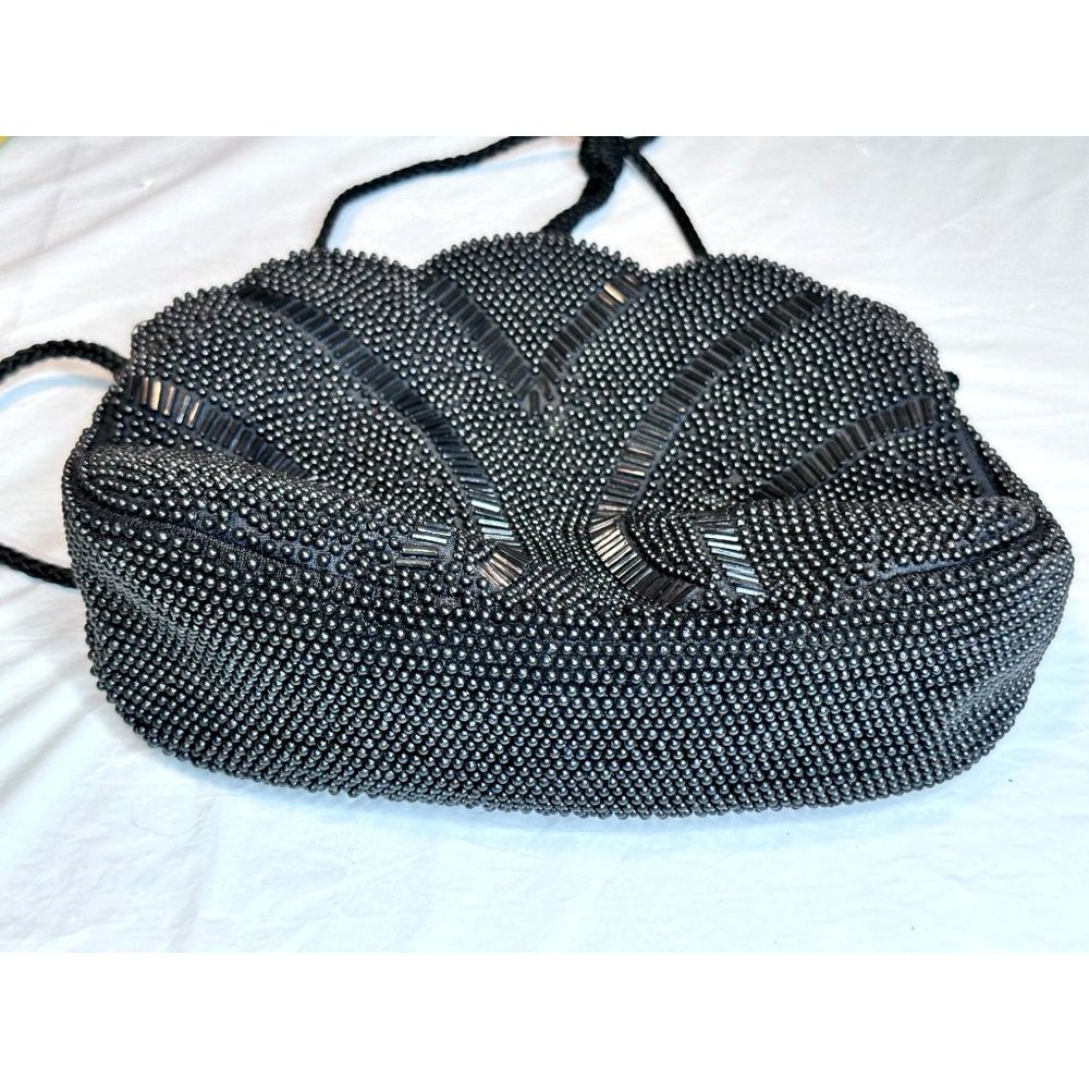 Vintage Beaded Black Evening Purse Crossbody Zip Closure Shoulder Strap Scallop - Picture 4 of 9